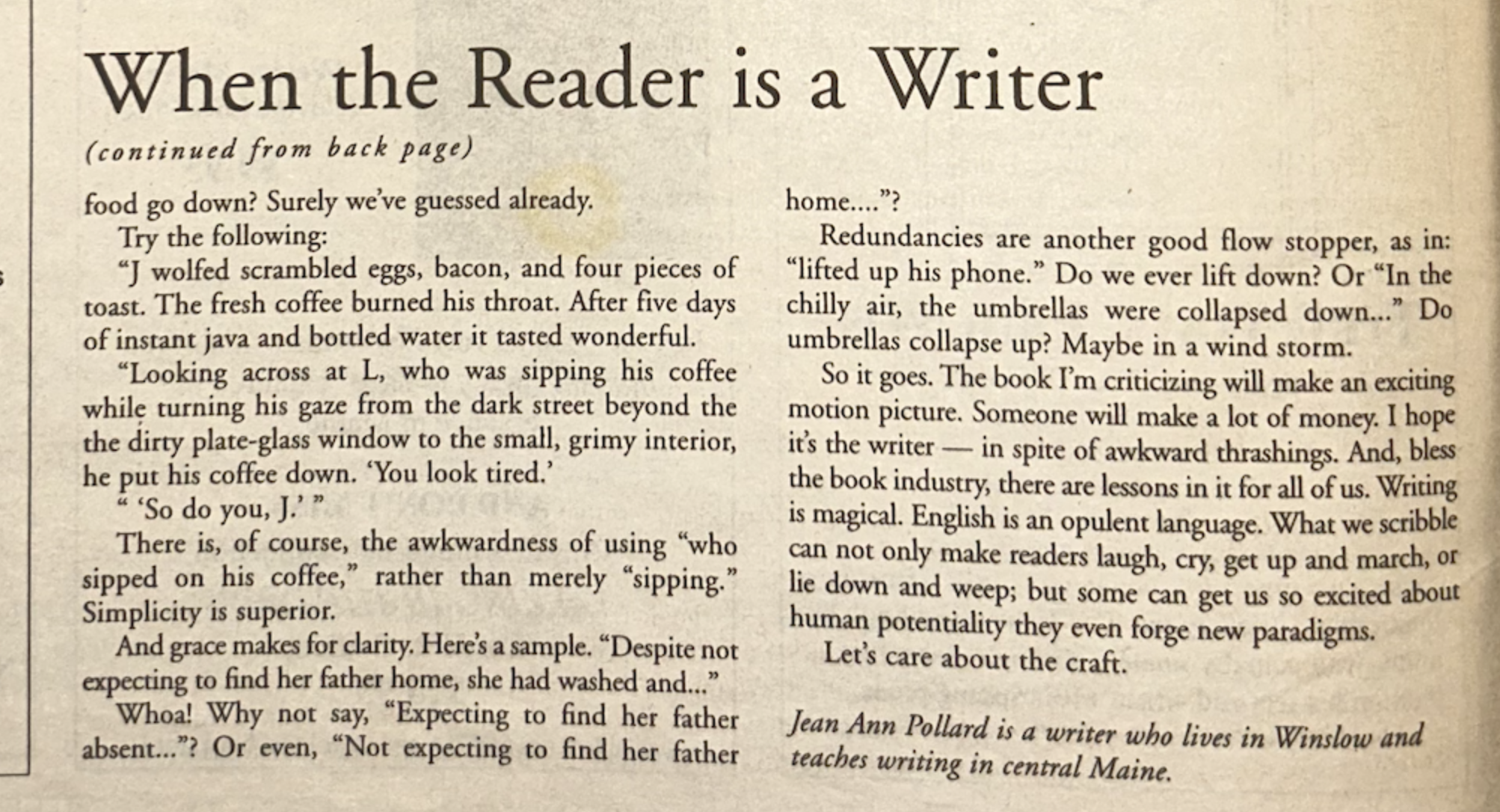 When the Reader is a Writer - Guest Column from June 1999 Maine In Print (continued)