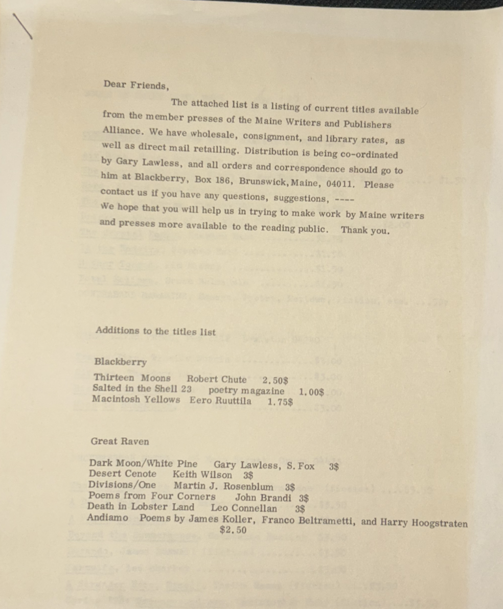 “The attached list is a listing of the current titles available from the member pressed of the Maine Writers and Publishers Alliance” from December 1977