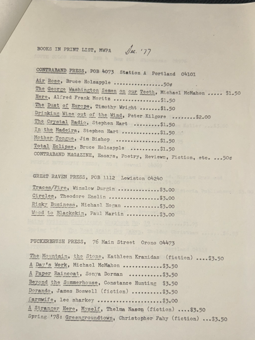 “The attached list is a listing of the current titles available from the member pressed of the Maine Writers and Publishers Alliance” from December 1977 (continued)