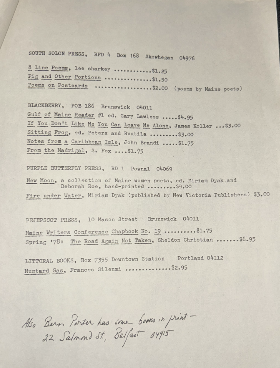 “The attached list is a listing of the current titles available from the member pressed of the Maine Writers and Publishers Alliance” from December 1977 (continued)