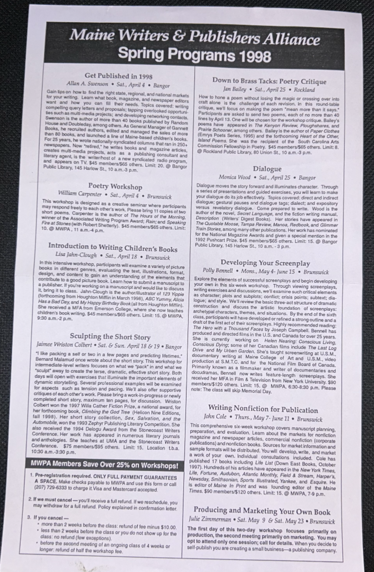  MWPA Spring Programs 1998 including “Get Published…Dialogue…[and] Sculpting the Short Story” and more! 