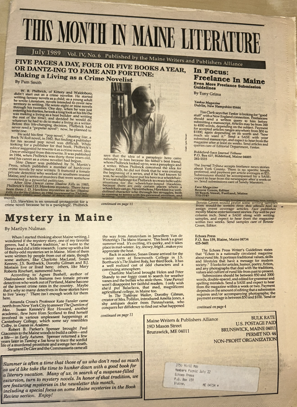 FIVE PAGES A DAY, FOUR OR FIVE BOOKS A YEAR, OR DANTZ-ING TO FAME AND FORTUNE: Making a Living as a Crime Novelist from July 1989 Maine In Print
