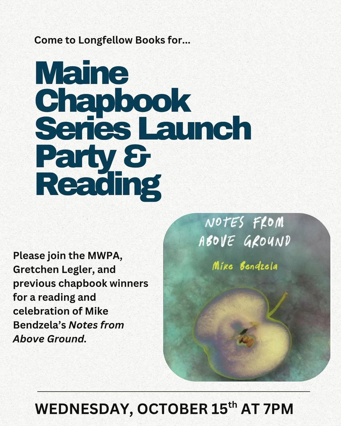 Join us next Wednesday for the Maine Chapbook launch ! 

Award-winning nonfiction writer Chloe Cooper Jones chose Mike Bendzela&rsquo;s Notes from Above Ground as the winner of the 2024 Maine Chapbook Series in nonfiction, and now the book is in prin