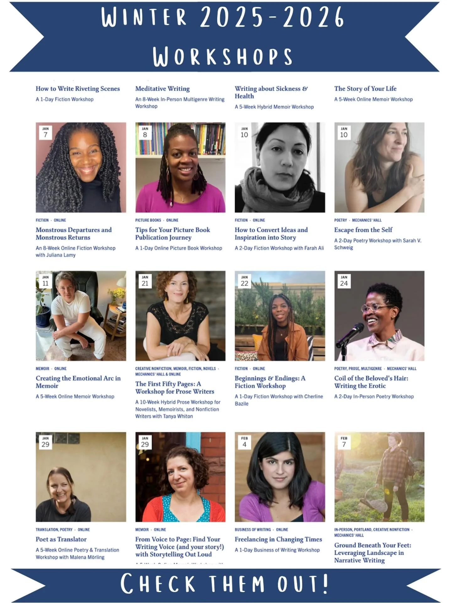 Visit our website to check out these wonderful upcoming workshops for late fall and winter of 2026! We are so thankful and excited to be bringing you such wonderful folks to learn and grow with! 💫

*May be subject to change!