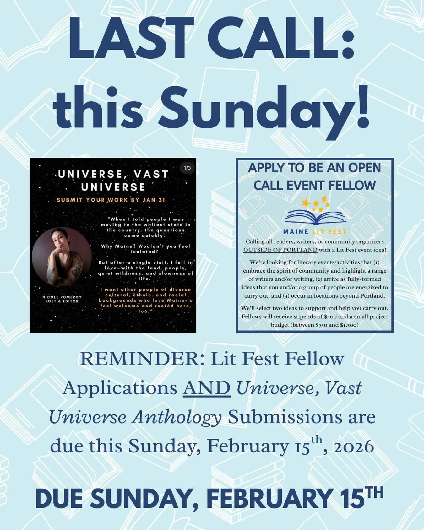 Reminder! Lit Fest Fellow Applications and &ldquo;Universe, Vast Universe Anthology&rdquo; Submissions are DUE THIS SUNDAY, FEBRUARY 16th. We can&rsquo;t wait to hear from you! 💫🤍