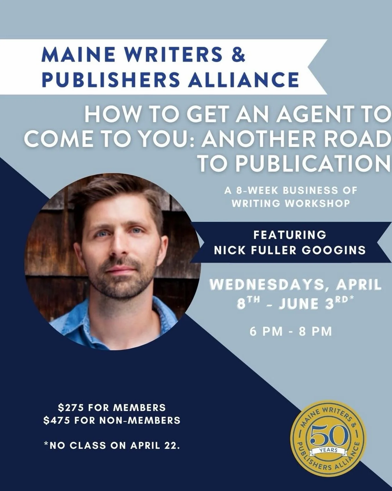 In this workshop, author Nick Fuller Googins will share one of the greatest tips he received in his writing career: instead of spending hundreds of hours querying literary agents, what if you got them to come to you? 

The workshop will be both infor