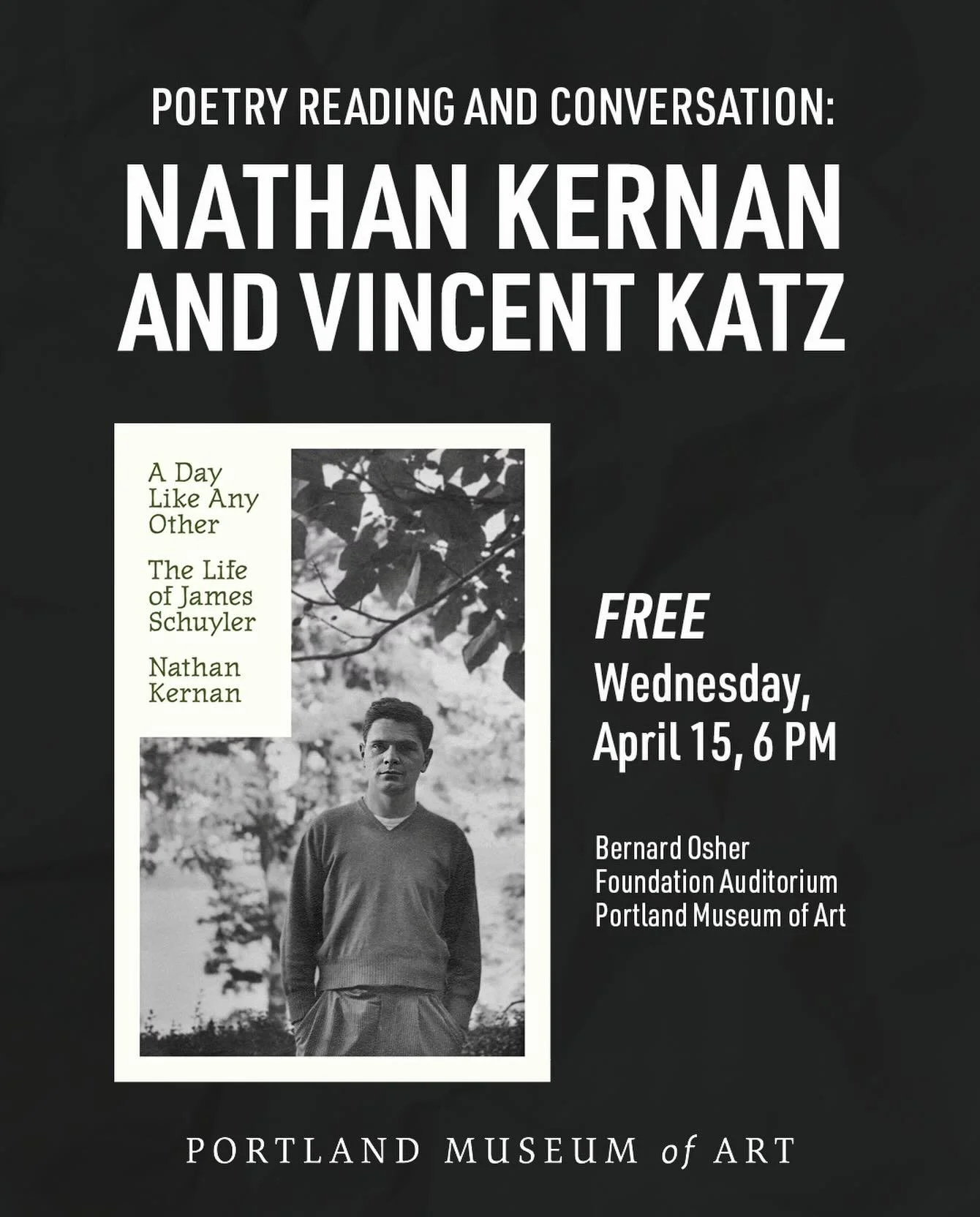 Join author Nathan Kernan and poet Vincent Katz for a poetry reading and a conversation on poetry, art, and creative life present with the MWPA!
&nbsp;
Centered on Kernan&rsquo;s&nbsp;A Day Like Any Other: The Life of James Schuyler, this program exp