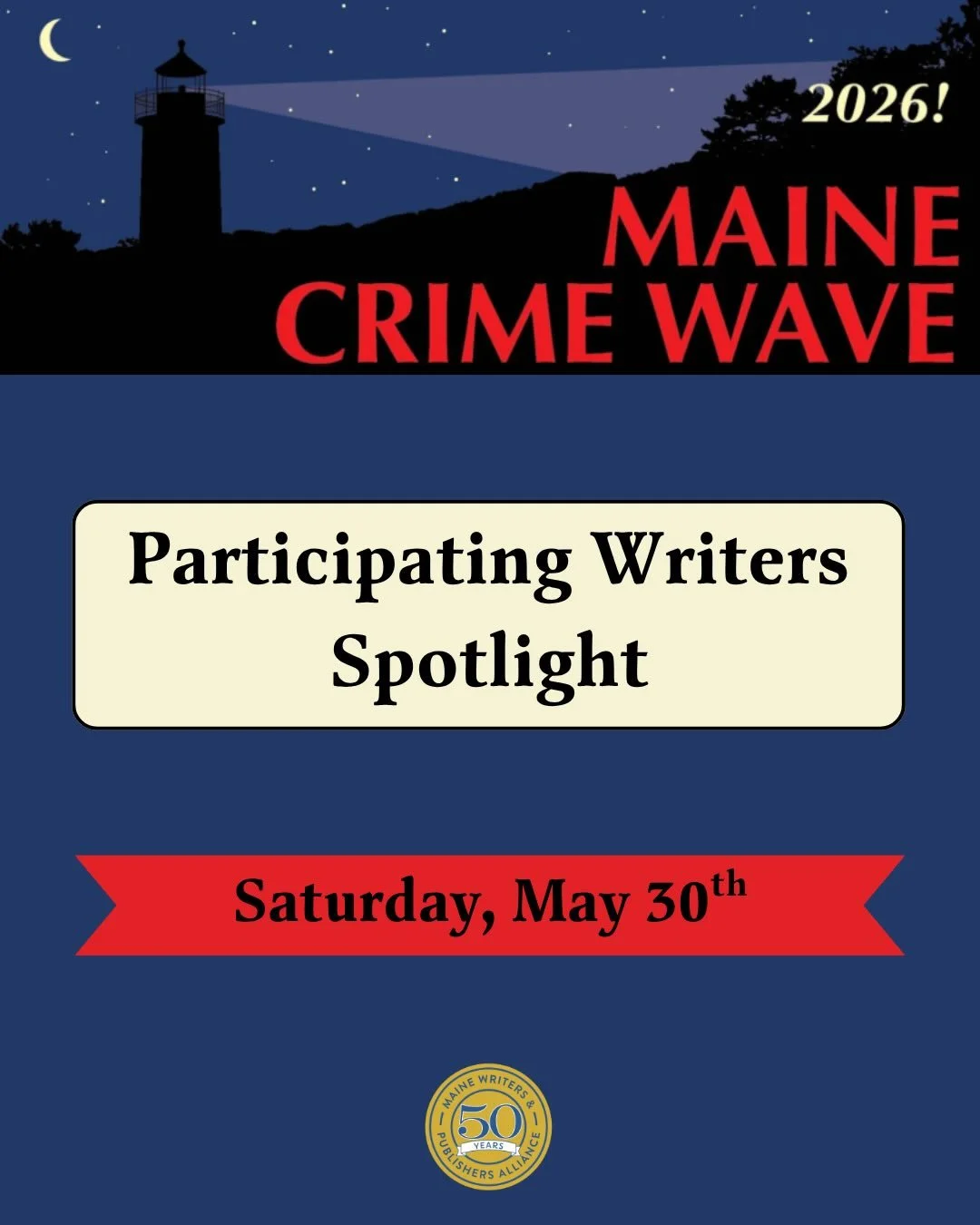 The first of many Participating Writers at this year&rsquo;s Crime Wave. Reminder to save the date (MAY 30, 2026) and get excited to work with these incredible writers. Stay tuned for more to come! 🫆🕵️🕵️&zwj;♀️🕵️&zwj;♂️

#mainecrimewave #mainewri