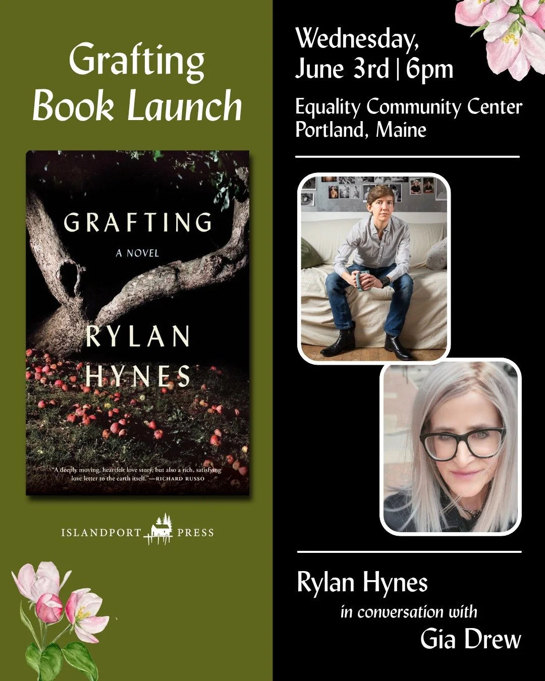 What are you doing tomorrow night? Come join us in celebrating the launch of @rylanhynes debut novel, GRAFTING, at @ecc_me along with @islandportpress, @print.bookstore, and @equalityme. We're thrilled to help welcome this gorgeous book into the worl