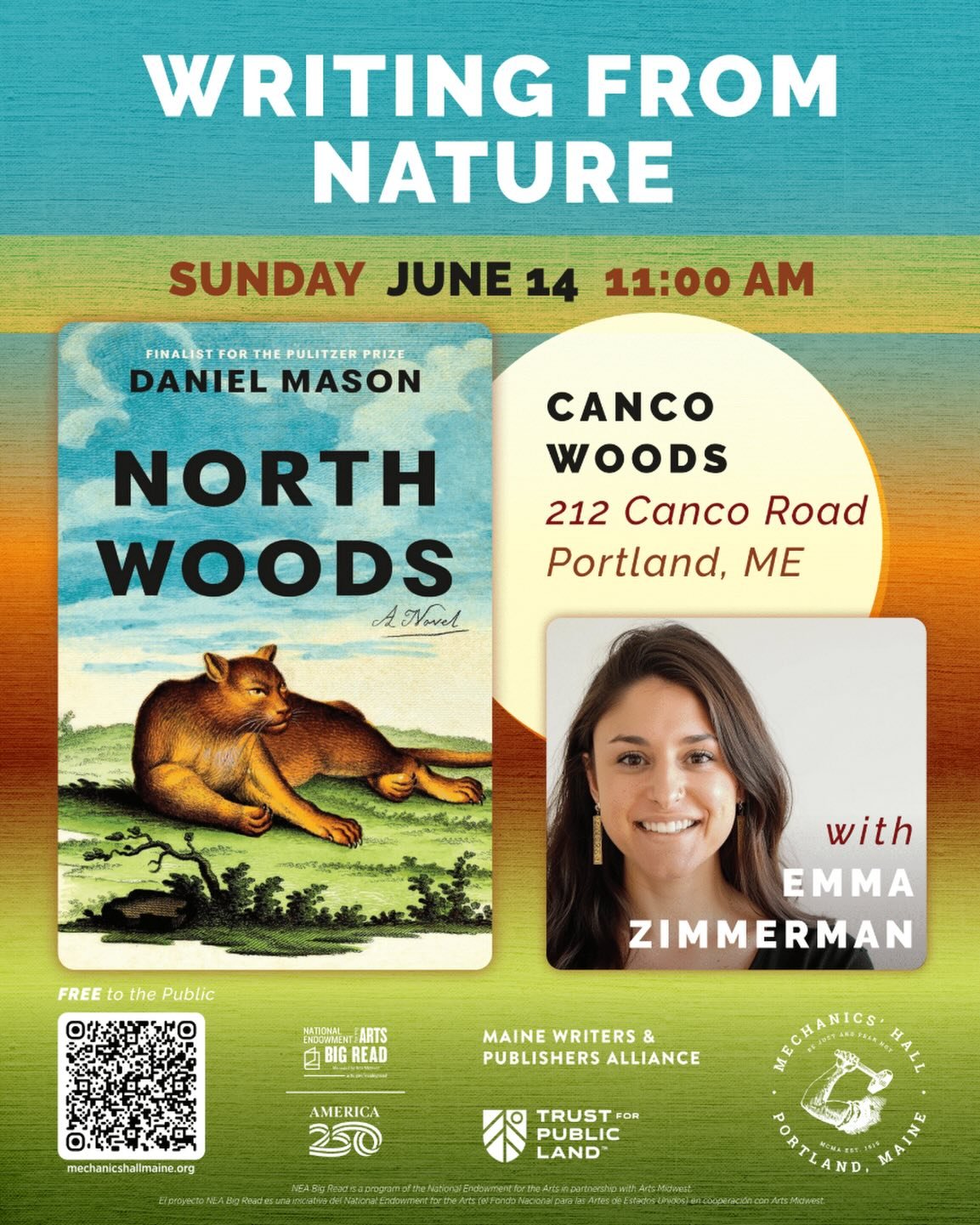 Join MWPA, Trust for Public Land, &amp; Mechanics&rsquo; Hall for a writing workshop led by Emma Zimmerman at Canco Woods.

In Portland, Maine, peer through a row of apartment buildings, and you&rsquo;ll spot the piercing blue of Casco Bay. Travel no