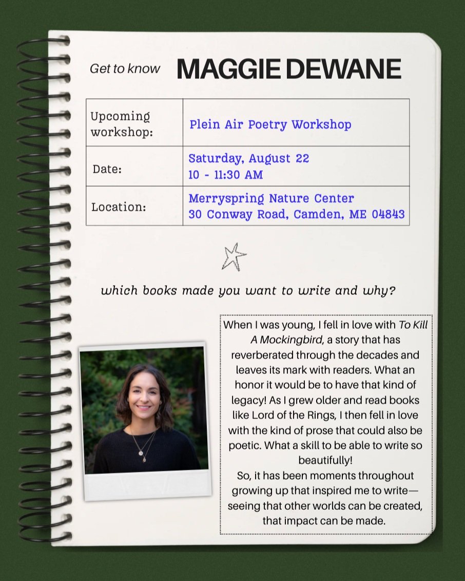 Meet @maggiedewane, leading a 1-day in-person poetry workshop on August 22! Check the link in our bio for more information and registration, and check back here for a post about the workshop early next month.

#MaineWriters #MainePoetry #CreativeWrit