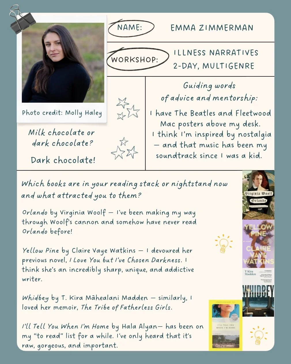 Meet @emma_zimmerman, teaching the multigenre workshop Illness Narratives starting a week from today! Check out the link in our bio for more info and registration.

#MaineWriters #MaineBooks #WritersWorkshop