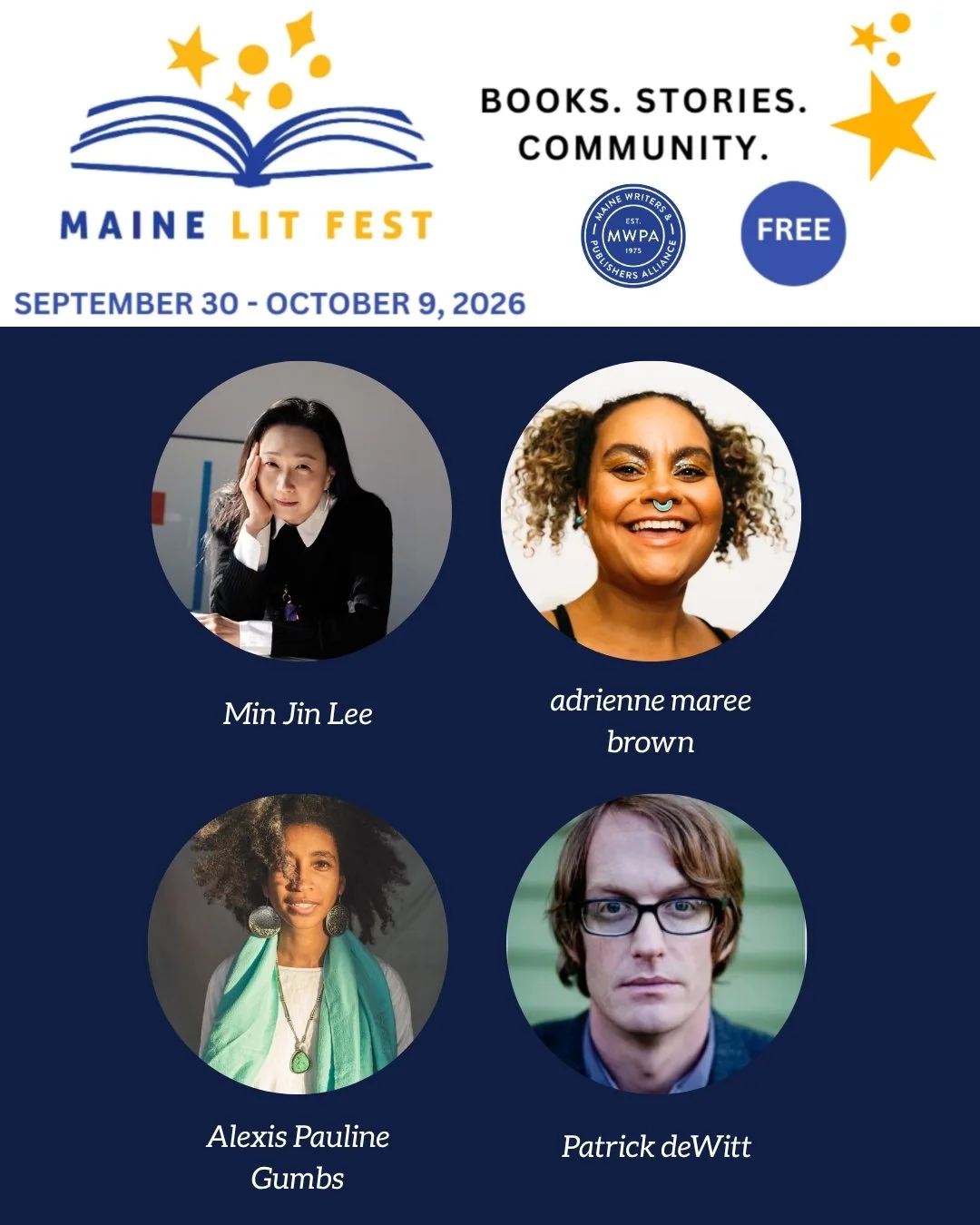 Our 2026 Maine Lit Fest authors! Check out the link in our bio for more information about them, and keep an eye out for the events they'll be at statewide.

#MaineLitFest #MaineWriters #MaineBooks