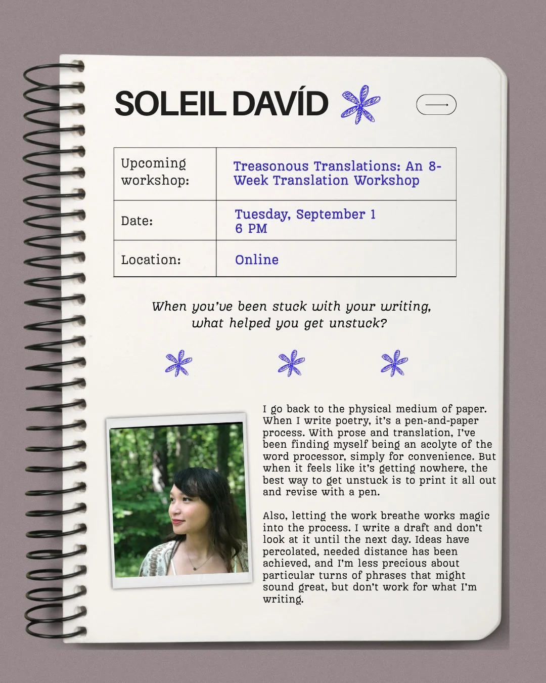 Meet @thedoorajar! 

Soleil is leading a 10-week translation workshop starting on September 1st that will be taking a look at impossible passages, the feelings that come up for translators when dealing with such impossible passages, and will devote t