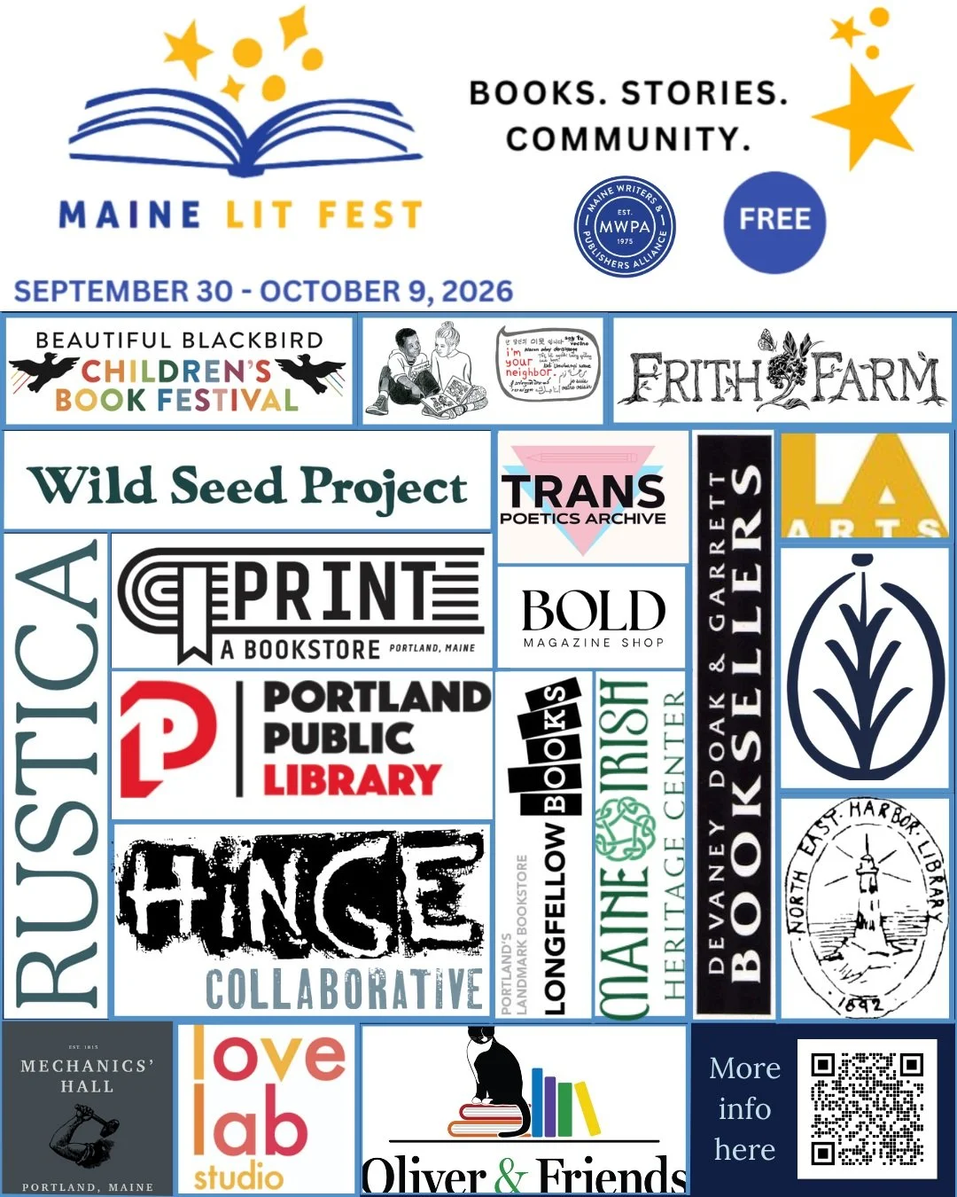 The Maine Lit Fest wouldn't be possible without the help of our lovely community partners! 

To learn more about the wonderful businesses and organizations we're working with this year, click the link in our bio. 

#MaineWriters #LiteraryFestival #Wr