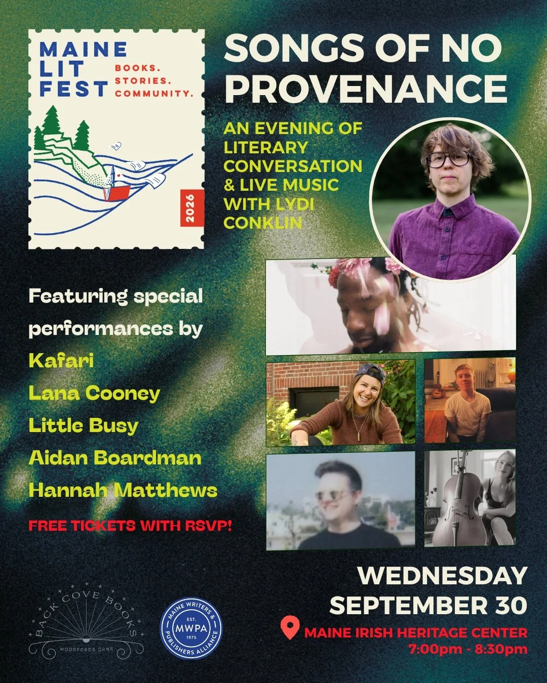 The 2026 Maine Lit Fest kicks off on September 30th with a musical event you wont want to miss! 

Join us for an evening of readings, conversation, live music with local artists, and refreshments at the @maineirishheritagecenter. Books will be provid
