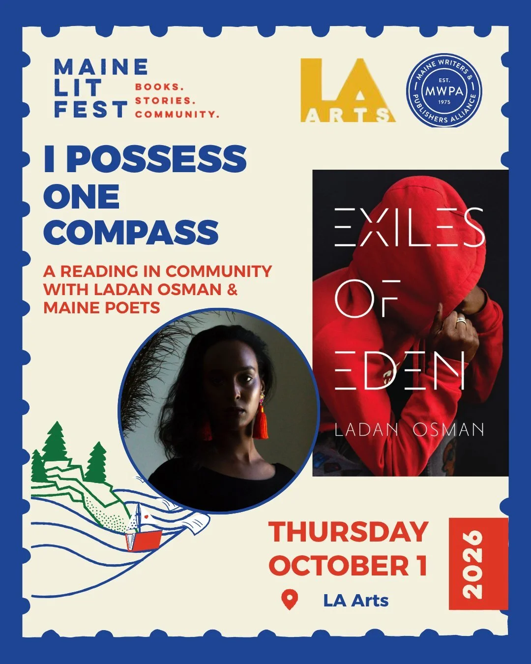 Join us for an evening of food, community, and poetry in Lewiston.

&ldquo;I possess one compass, which is my soul, and it shall never err.&rdquo;* 

&ndash; Ladan Osman, from Refusing Eurydice 

Award-winning poet and filmmaker, Ladan Osman, author 