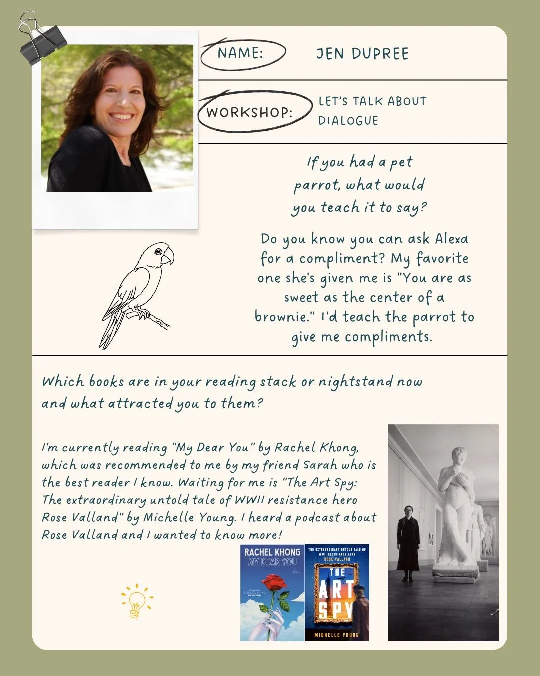 Meet @writerjendupree ! Jen is leading a two-day workshop on making conversation matter that is taking place on September 26th and October 3rd. 

Check out the link in our bio for more information and registration!

#MaineWriters #WritingWorkshops #C