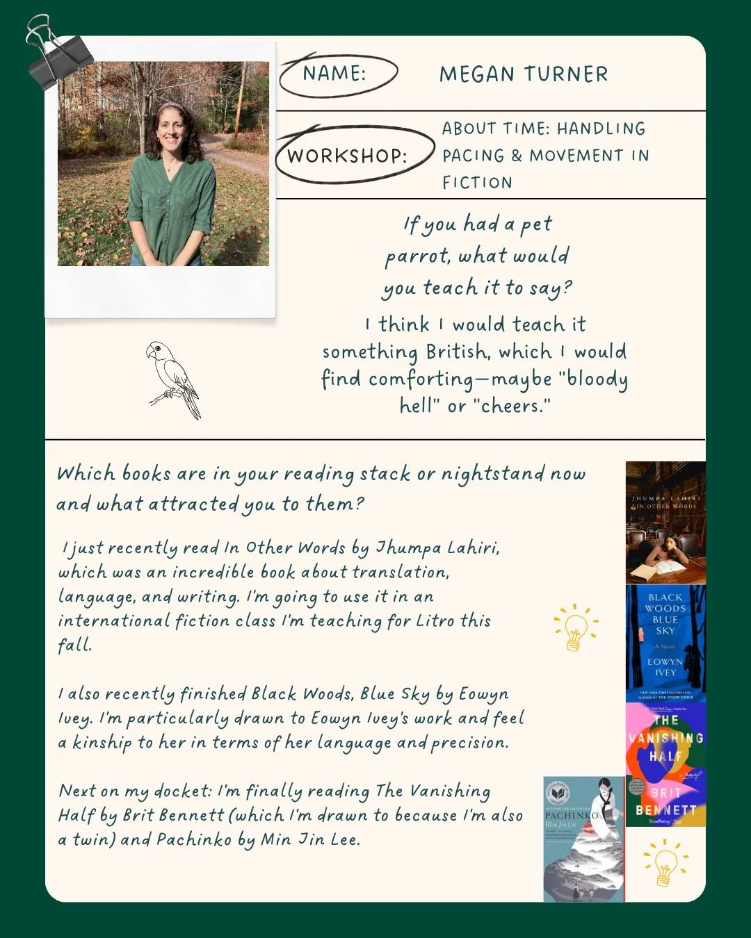 Meet @meganrturner! Megan will be leading a 5-week fiction workshop using The Art of Time in Fiction: As Long As it Takes as a guide while looking at flash forwards, pacing, scene breaks, and movement. 

If you're interested in this workshop you can 