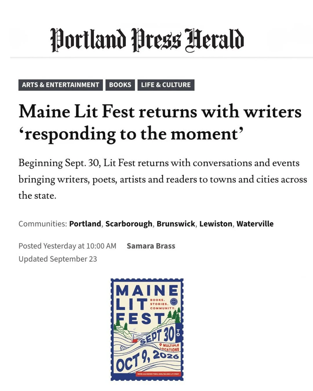 Thanks to @pressherald for covering the Maine Lit Fest and our crew of incredibly awesome Lit Fest Fellows!
#MaineWriters #LiteraryFestival