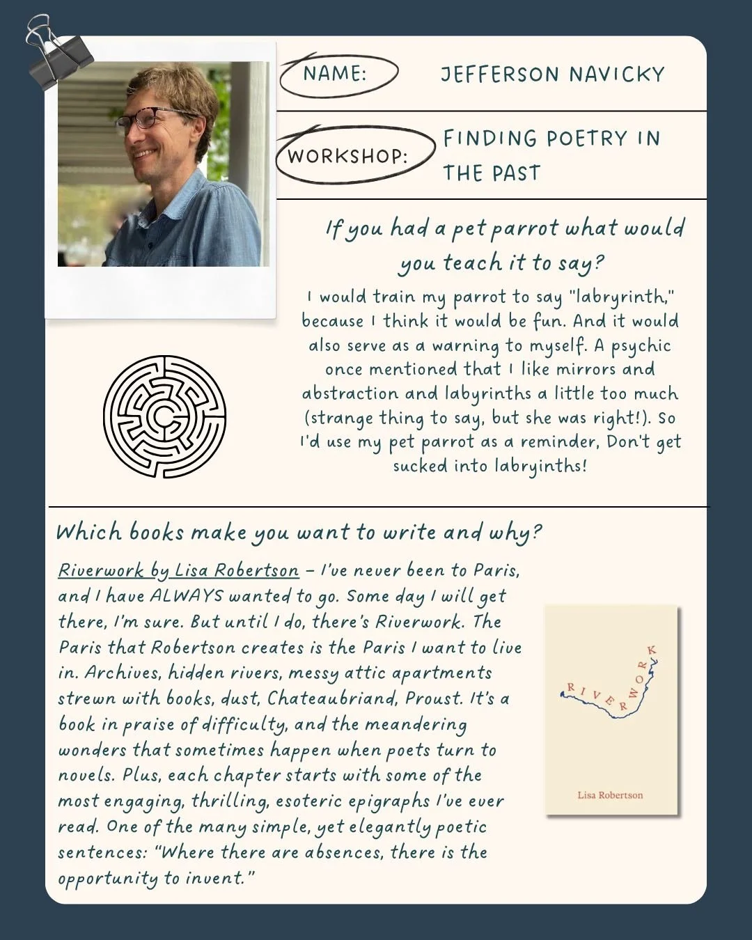 Meet @jefferson_navicky ! Jefferson is leading a 5-week poetry workshop. Required: an adventurous spirit to travel around the Midcoast. Classes will meet at a selection of small, Lincoln County historical societies including Newcastle, Nobleboro, and