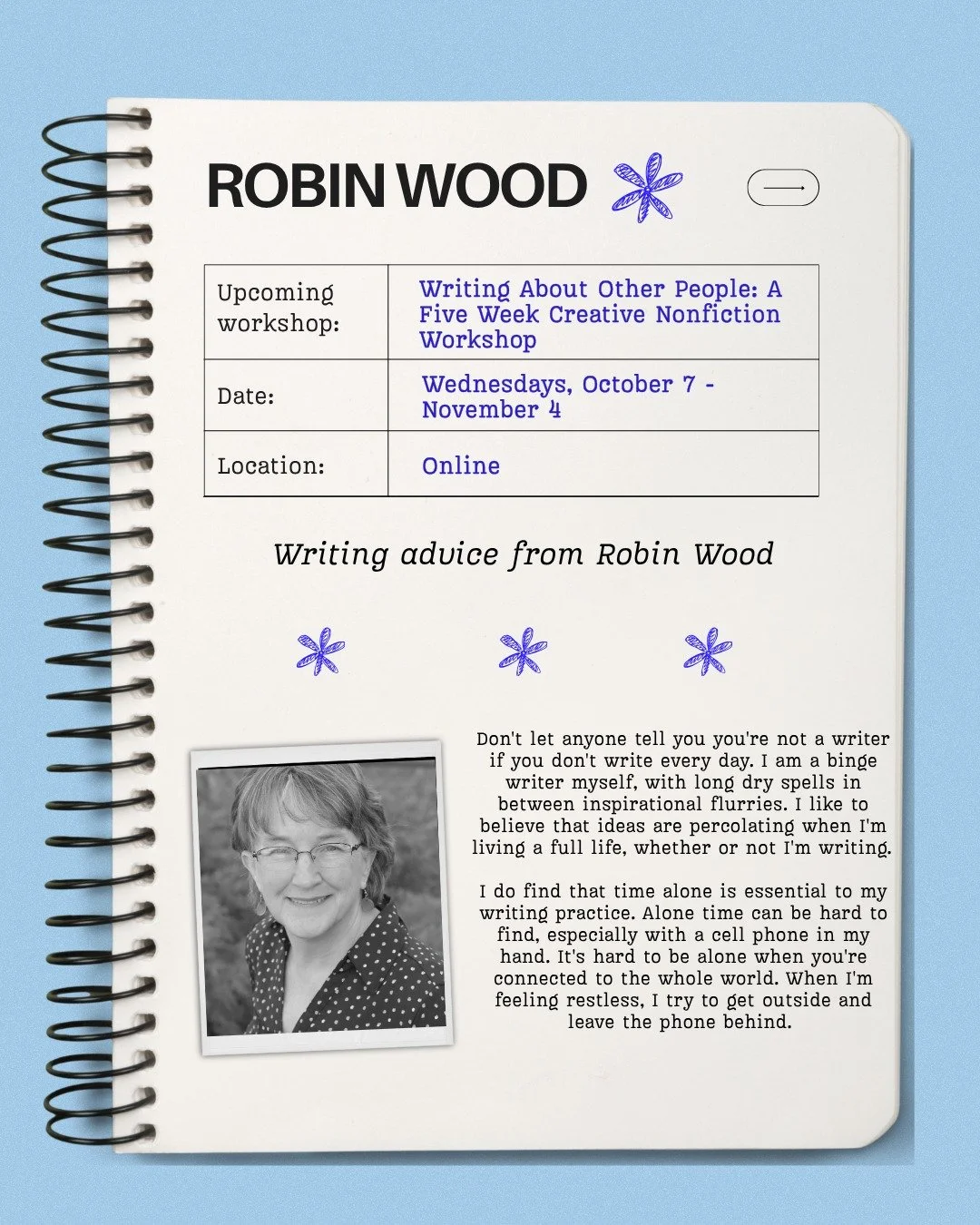 Meet @mary.robin.wood! Robin will be teaching a five week creative nonfiction workshop. Through a combination of reading, writing, discussion, and presentation, this course will explore various approaches and things to consider when telling other peo