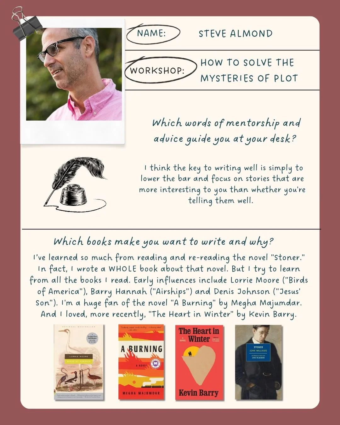 Meet @stevealmondjoyishere! Steve is running a 1-day in-person fiction and nonfiction workshop examining craft topics central to memoir and essay. 

#MaineWriters #CreativeWriting #WritingWorkshop