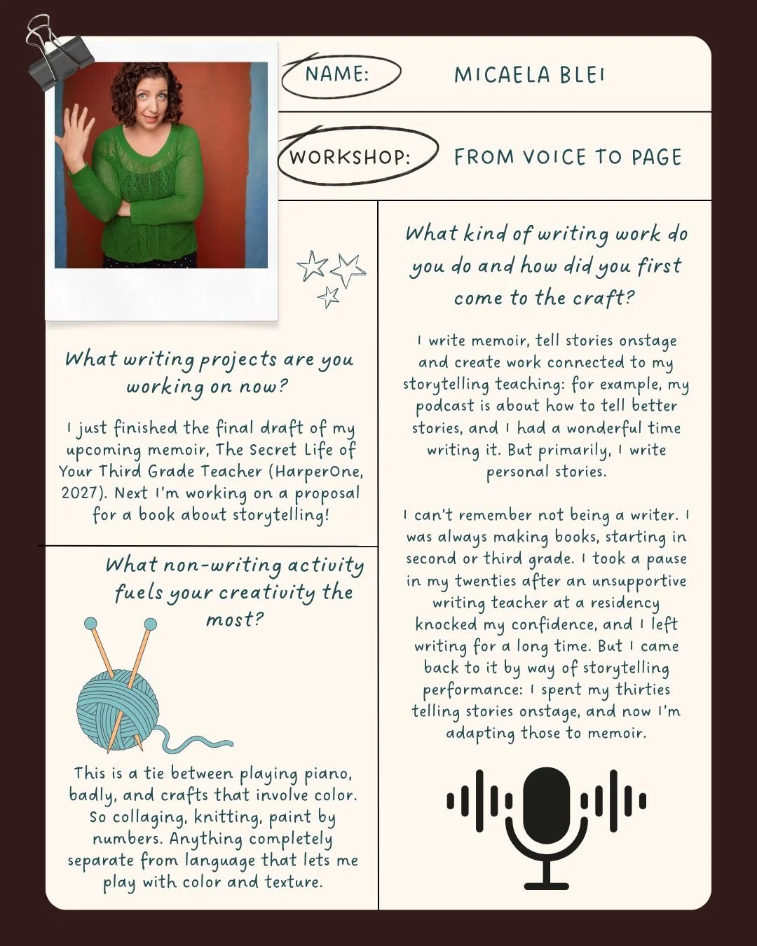 Meet @micaelablei_stories! Micaela is running a 5-week collaborative memoir workshop in which you'll work on your own personal stories out loud.

Check out Micaela's podcast, The Story Letter, wherever podcasts are listened to and register for this w