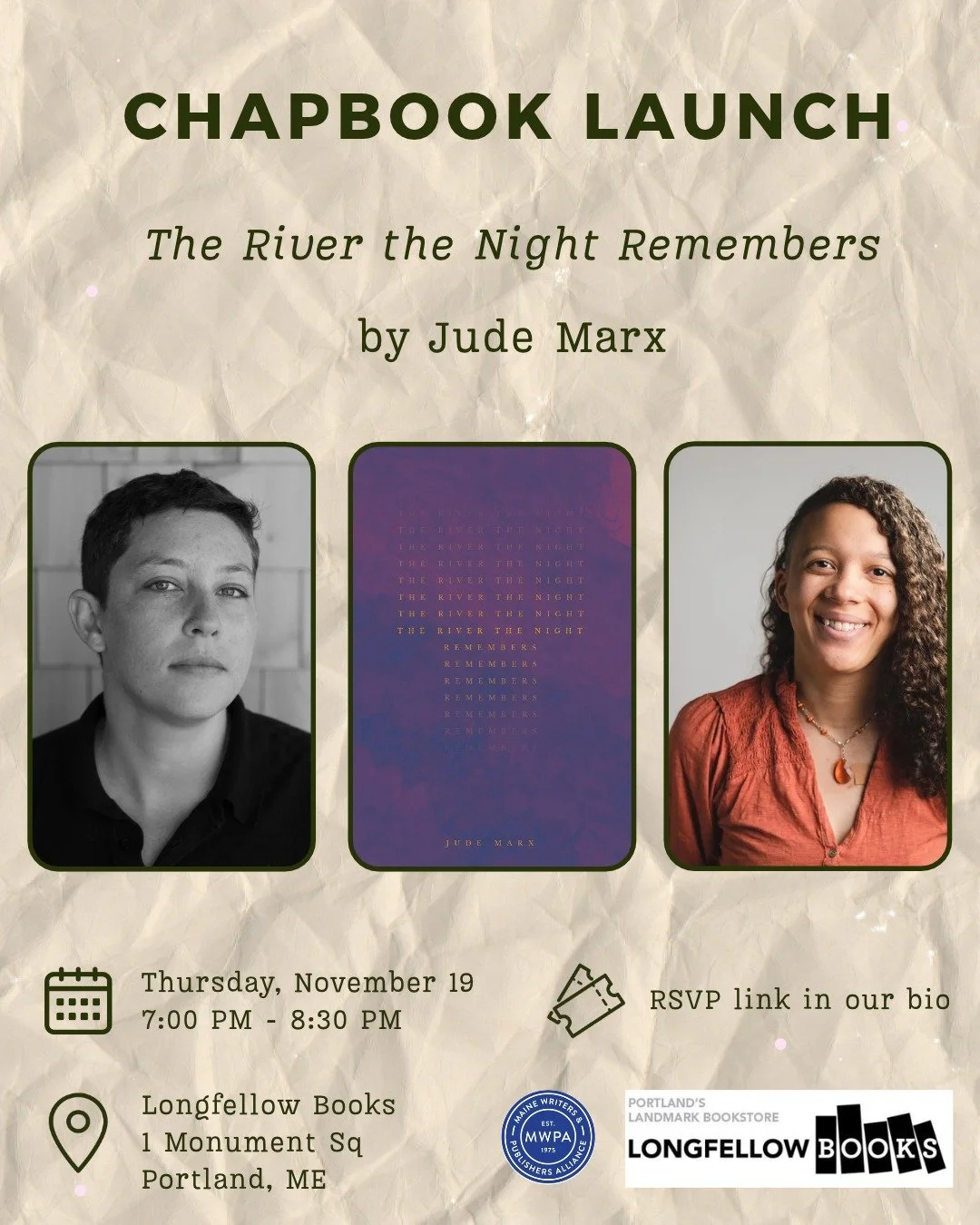 Join us on November 19th at @longfellowbooks to celebrate the launch of@j.elliem's The River the Night Remembers, winner of the Maine Chapbook Series in Poetry. The night will feature readings by Jude Marx, @emmdubb16, and previous chapbook winners, 