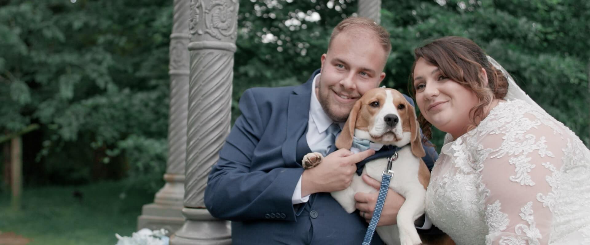Jade, Jordan and their Beagle dog Hugo pose for wedding photos