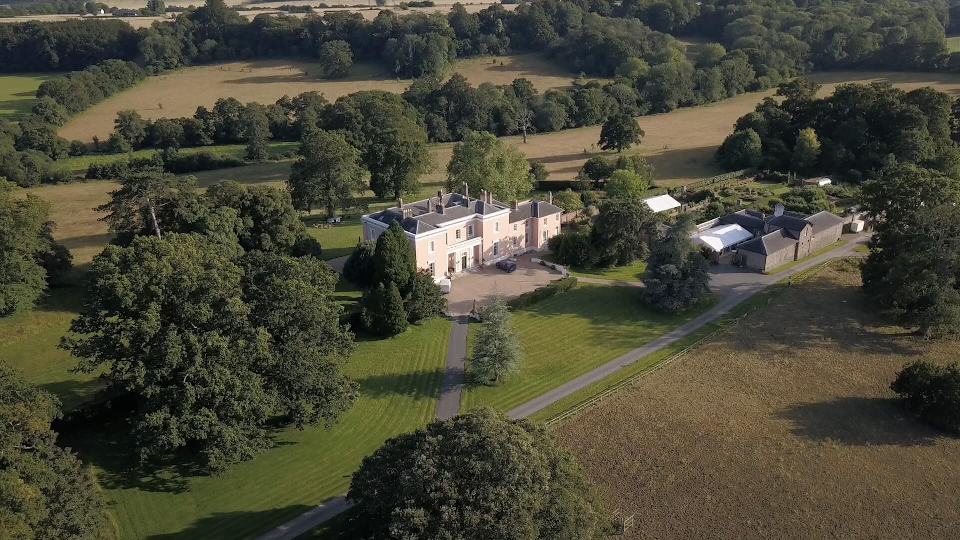 Aerial drone shot of Bignor Park Estate House