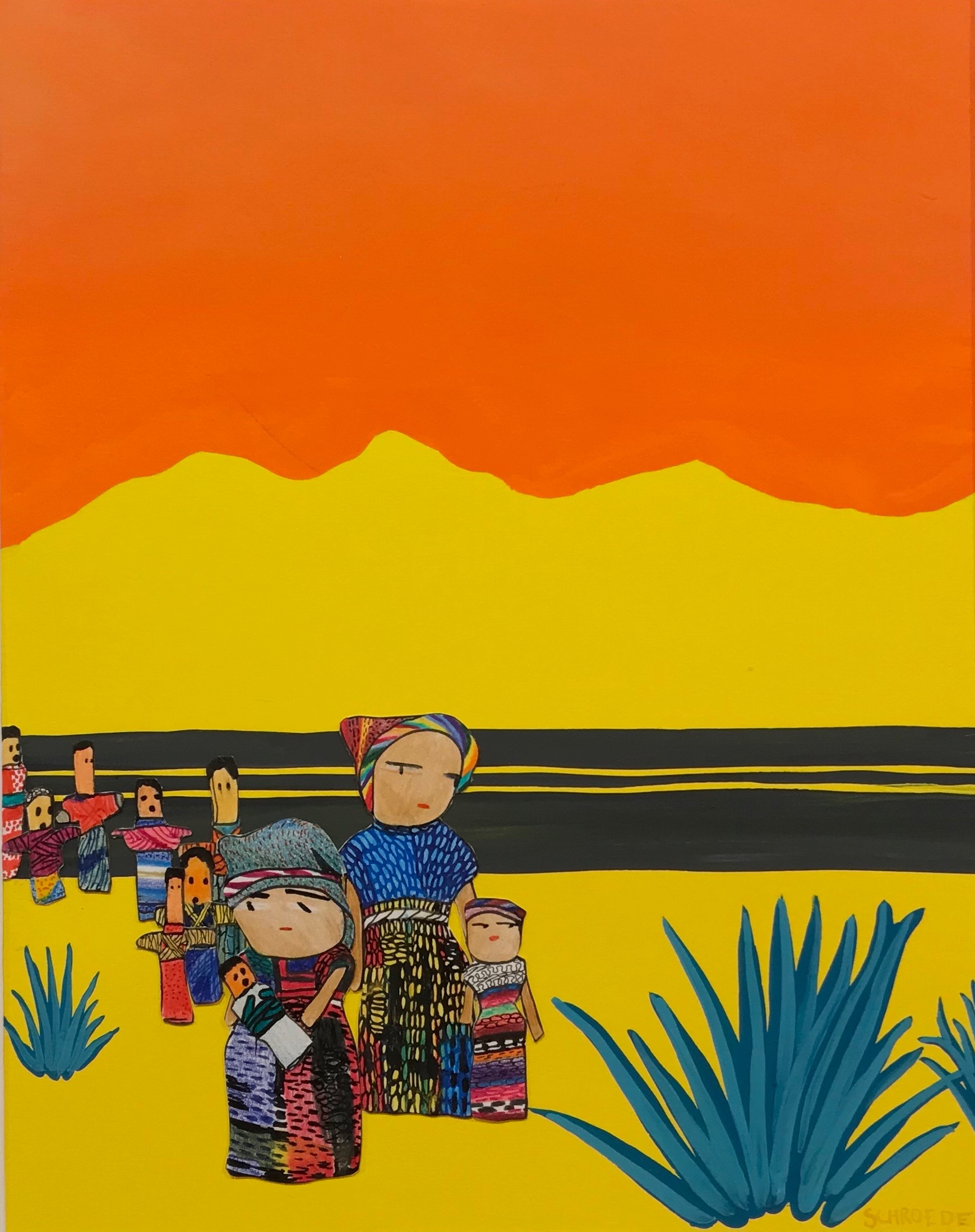 Quitapenas Caravan (maguey road), gouache, ink, and colored pencils on acid-free paper, 9 x 12", 2019.