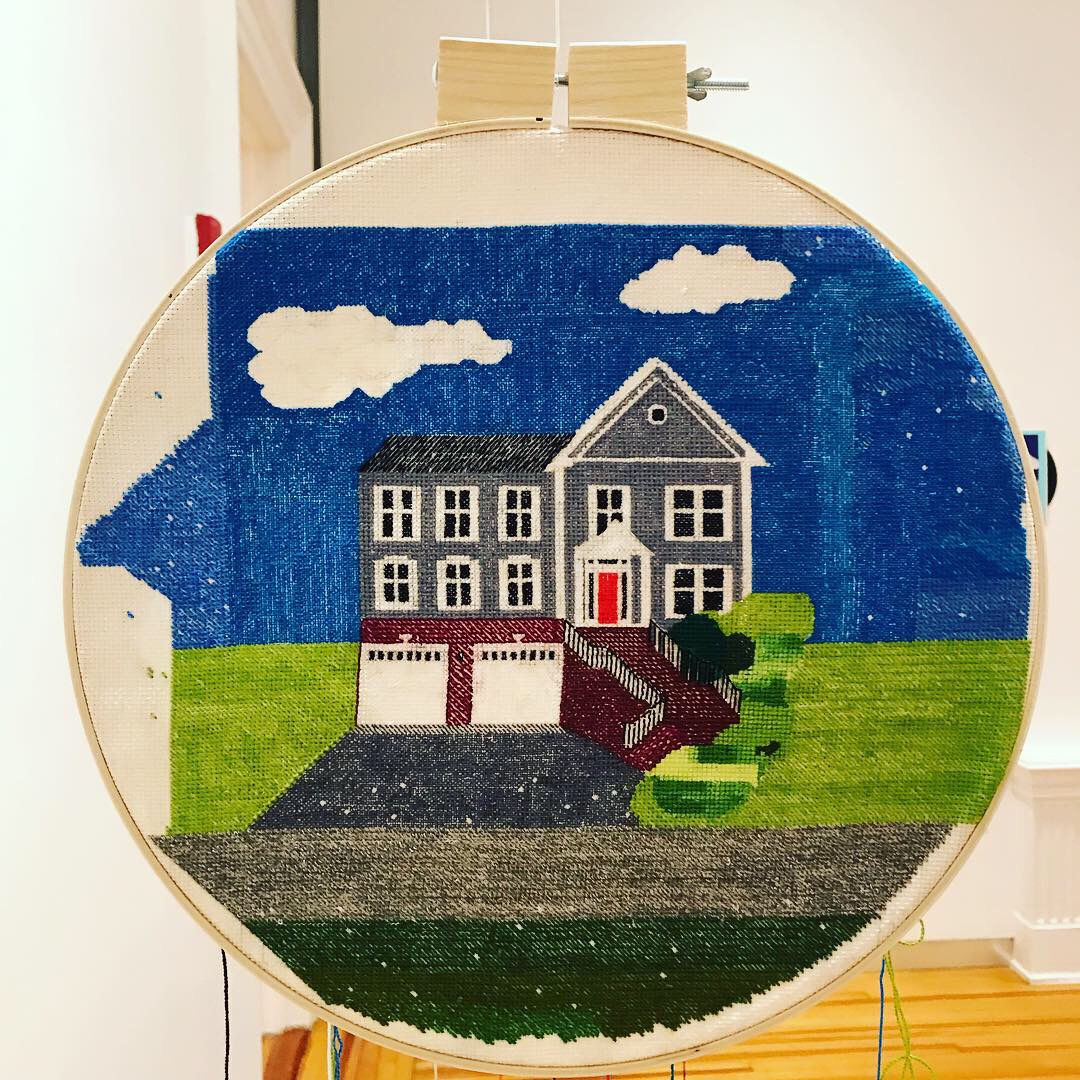  Using a combination of  cross stitch  and  colonial stitch , I created this image of my mother’s home in Bethesda, Maryland. 