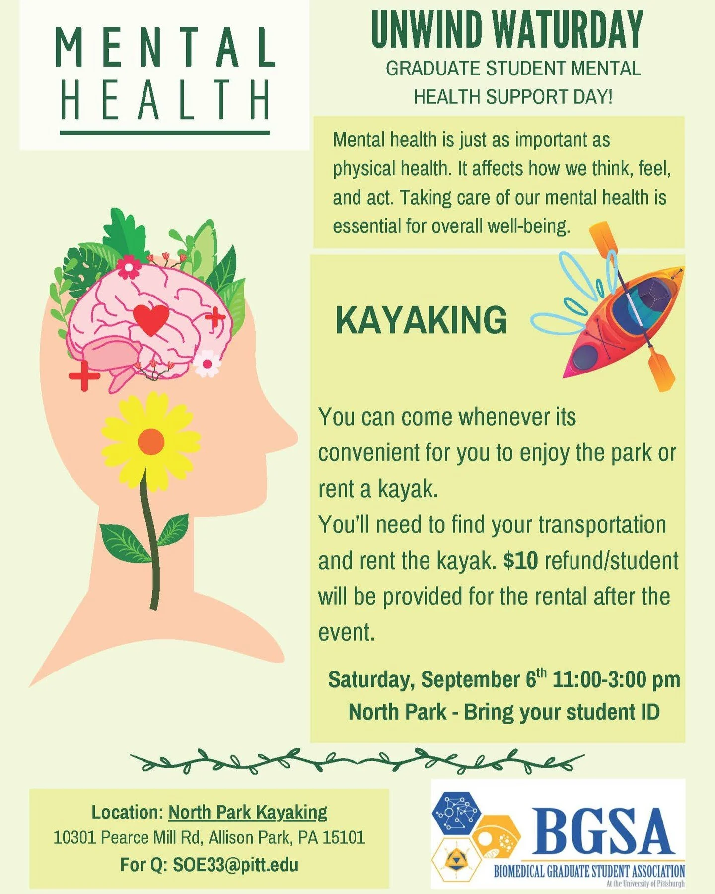 Hope everyone had a wonderful summer and is ready for a fresh start to the new semester!
Before the summer officially wraps up, the BGSA Mental Health Committee would love to invite you to a kayaking day on Saturday, September 6th, from 11:30 AM to 3