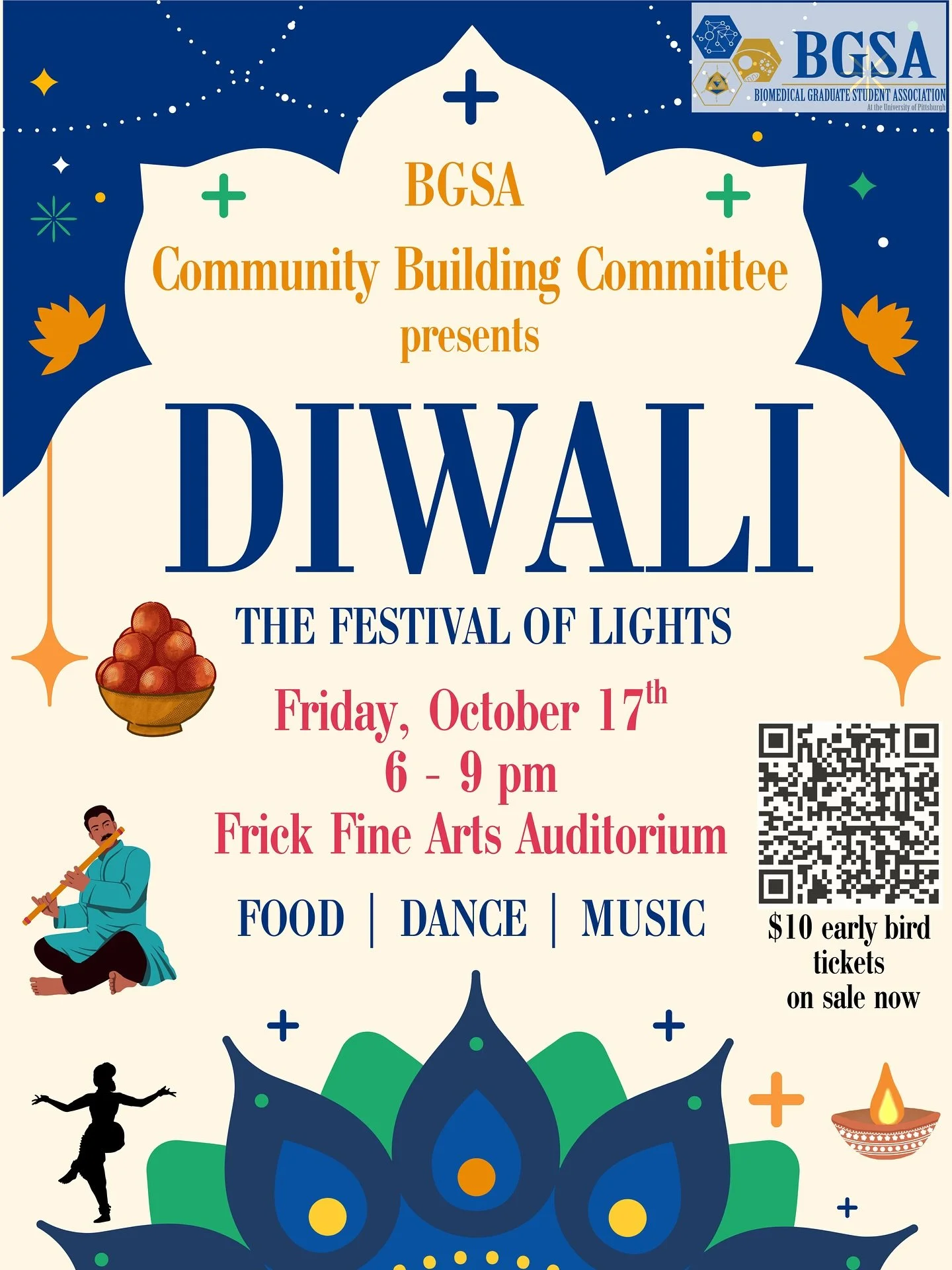 Join us for Diwali, a celebration of the festival of lights, in the Frick Fine Arts auditorium on Friday, October 17th from 6-9pm. There will be a cultural program featuring Indian music and dance performances, followed by a delicious dinner from a l