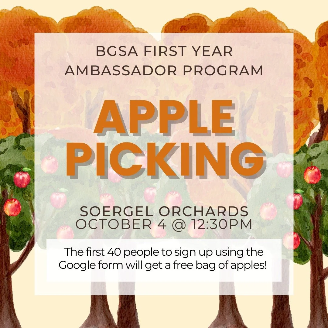 Hi everyone,
The First Year Ambassador Program is hosting apple picking at Soergel’s Orchard on October 4th at 12:30pm. The first 40 people to sign up using the Google Form below will receive a complimentary bag for use during the pick-your-own