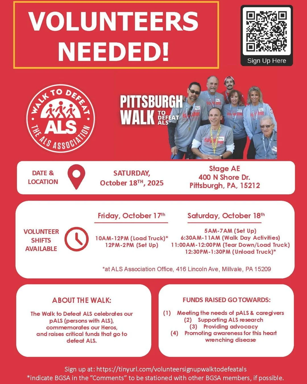 Hello friends! The ALS Association would love your assistance volunteering at this year&rsquo;s Walk to Defeat ALS, which will take place Saturday, October 18th at Stage AE. You can help with set-up (on Friday 10/17 or Saturday 10/18), Walk Day activ