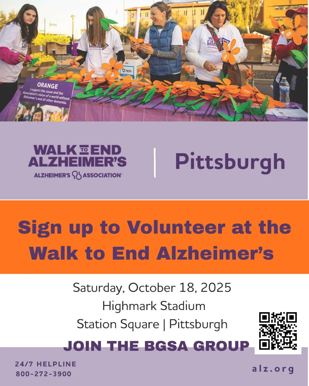 The Walk to End Alzheimer&rsquo;s of Pittsburgh is on Saturday, October 18th, at Highmark Stadium in Station Square. 

If you are interested in walking, volunteering, or donating for this worthy cause, you can do all three using the QR code! 

There 