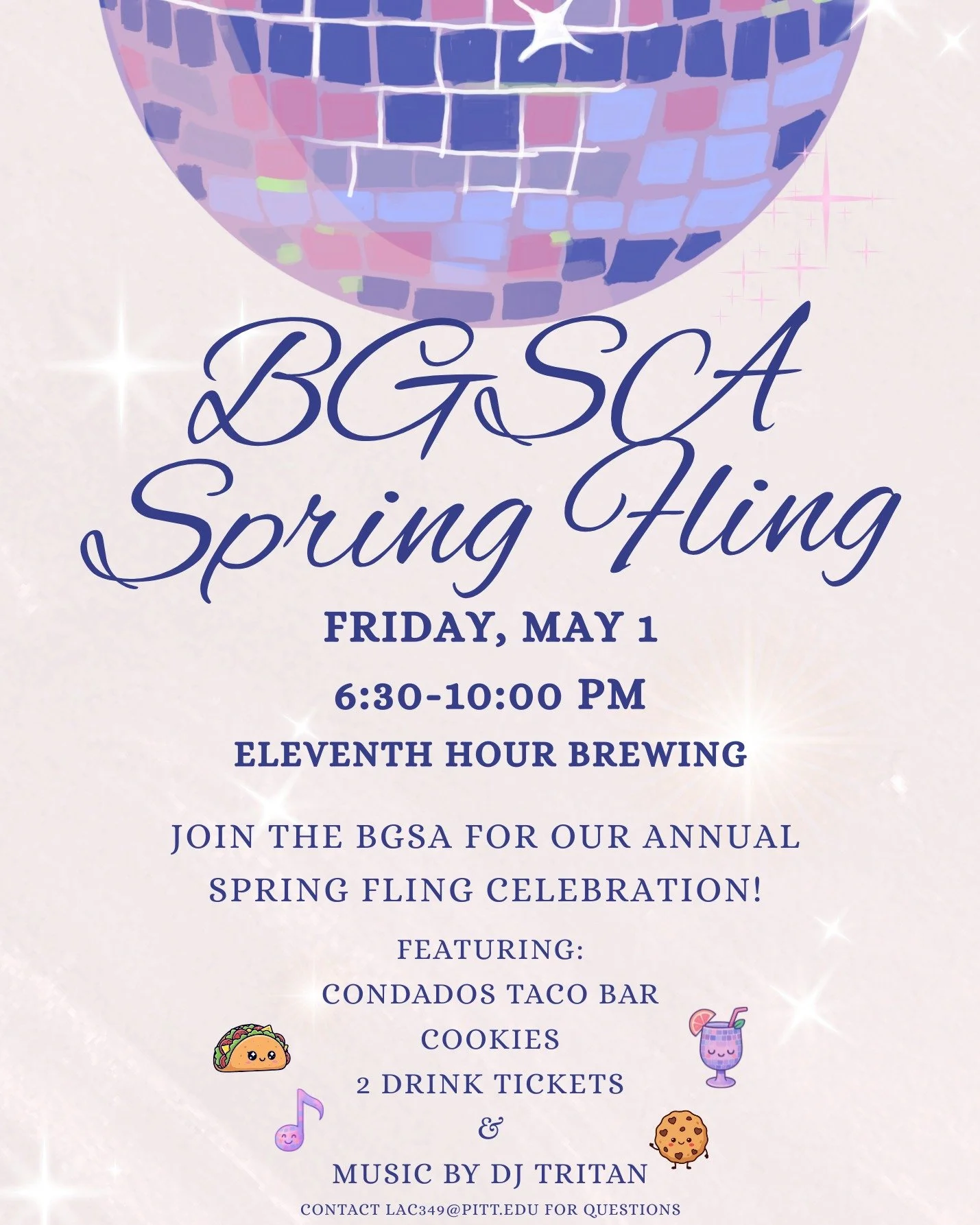 Hello BGSA Community,

Spring Fling tickets are available now! Join the BGSA at Eleventh Hour Brewing! Tickets include a Condado's taco bar, 2 drink tickets, and cookies! Early bird tickets are available from March 18-31, and general admission ticket