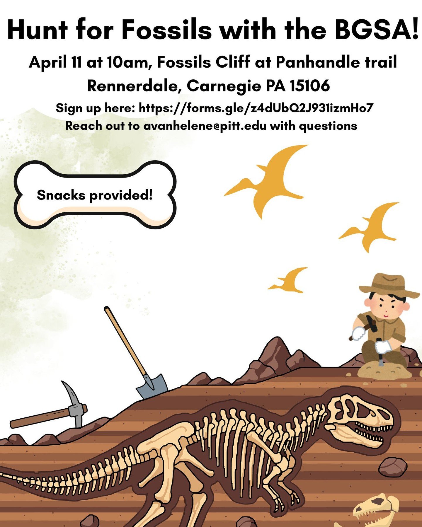 Hello BGSA Community,

The First Year Ambassador Program is excited to invite you to join us on Saturday, April 11, 2026, for hunting and collecting fossils at the Fossil Cliff on the Panhandle Trail in Carnegie, PA.

Sign up if you&rsquo;re interest