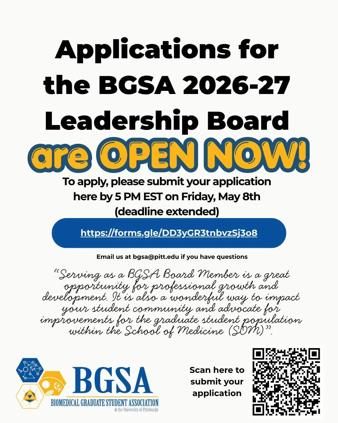 We have decided to extend the application deadline for the 2026-2027 BGSA Leadership Board to 5 pm EST on Friday, May 8th.

There is still time to apply! Please let us know if you have any questions about any roles that you are interested in applying