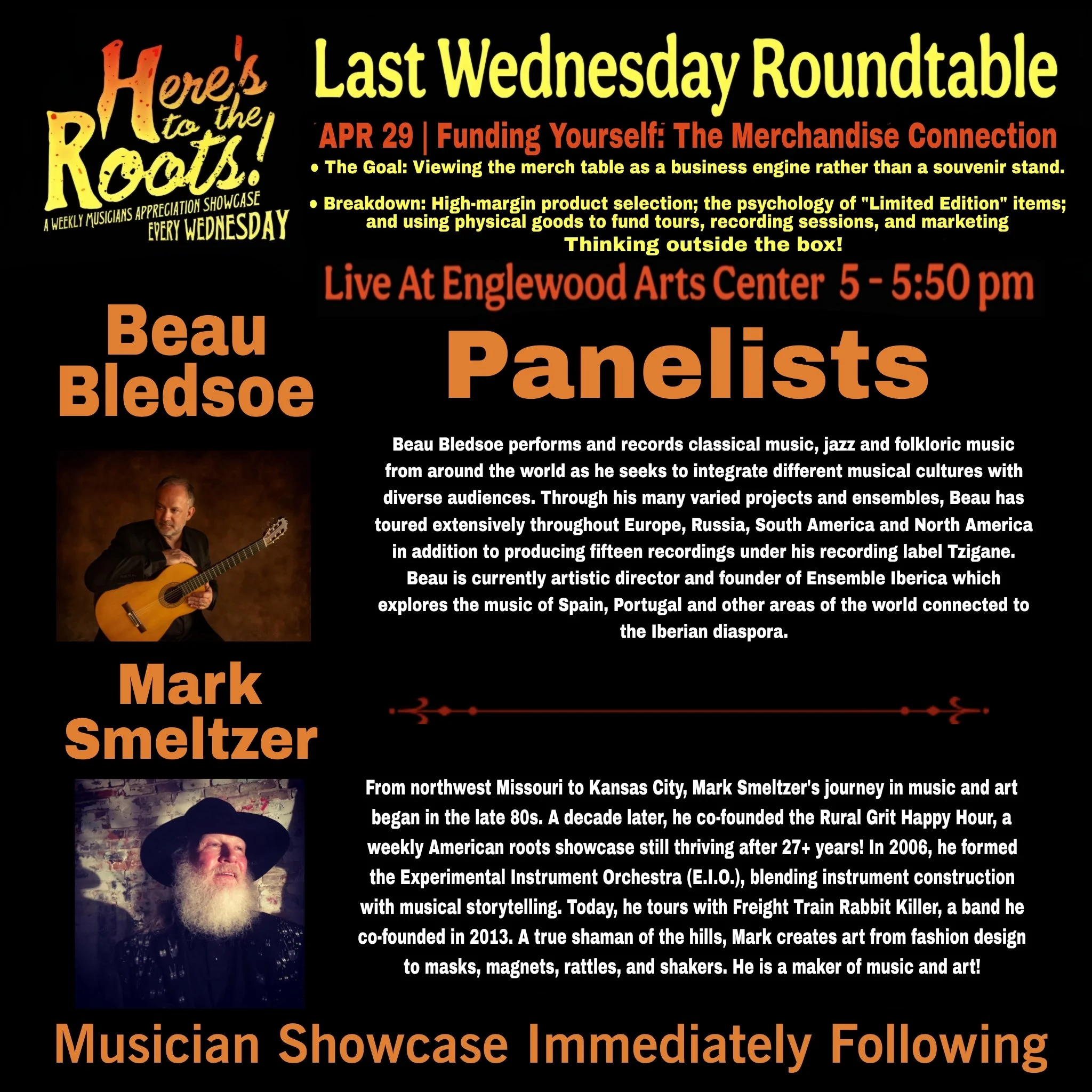Event poster for the Last Wednesday Roundtable featuring Kristin Hamilton and Danny McGaw at Englewood Arts Center, highlighting their musical backgrounds and achievements, with event details including date, time, and location.
