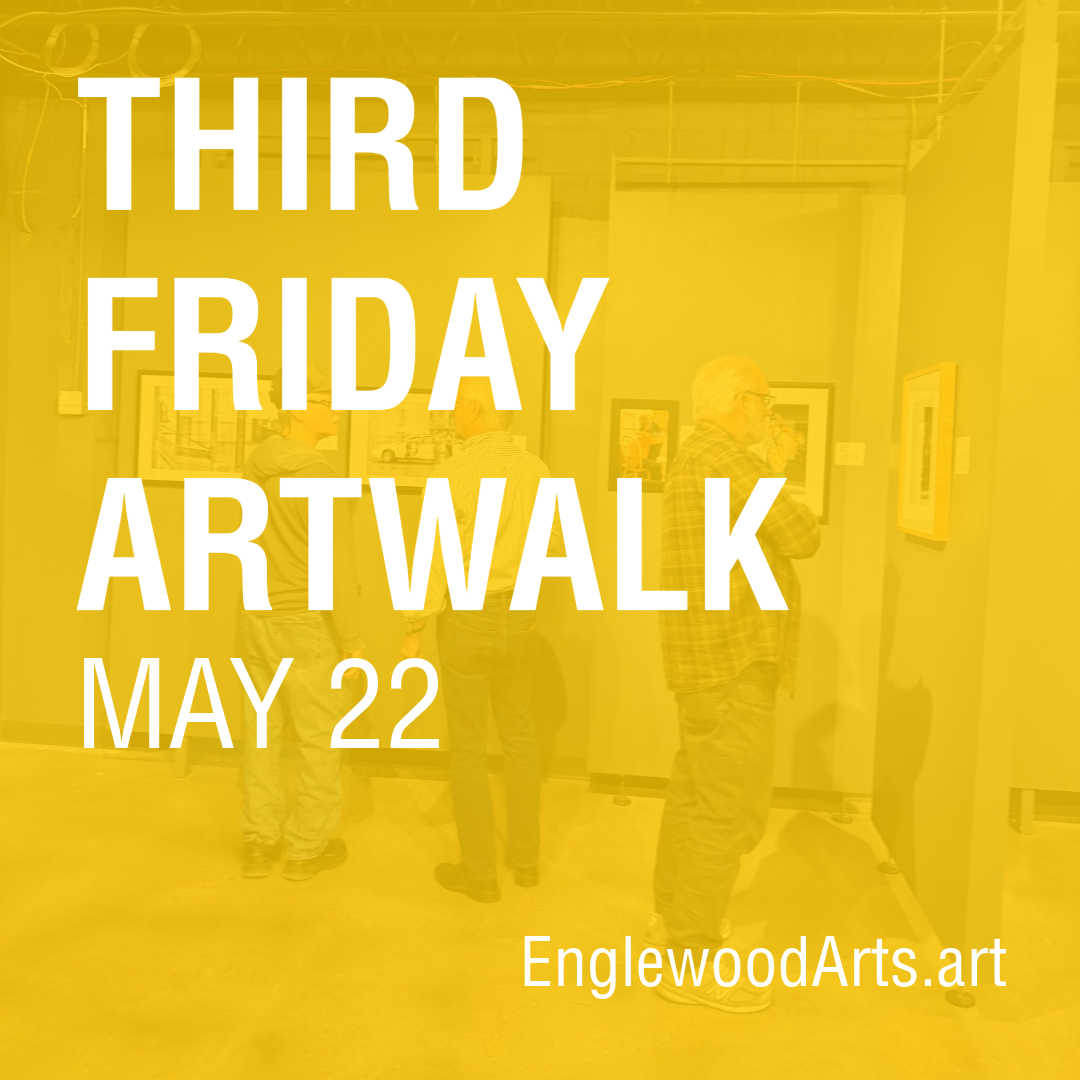 Image of art gallery during art exhibit opening with a yellow overlay 