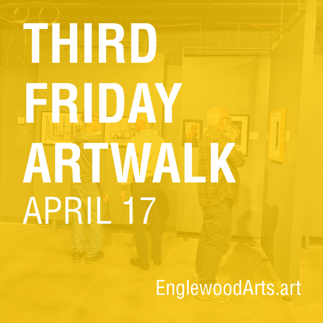 Image of art gallery during art exhibit opening with a yellow overlay 