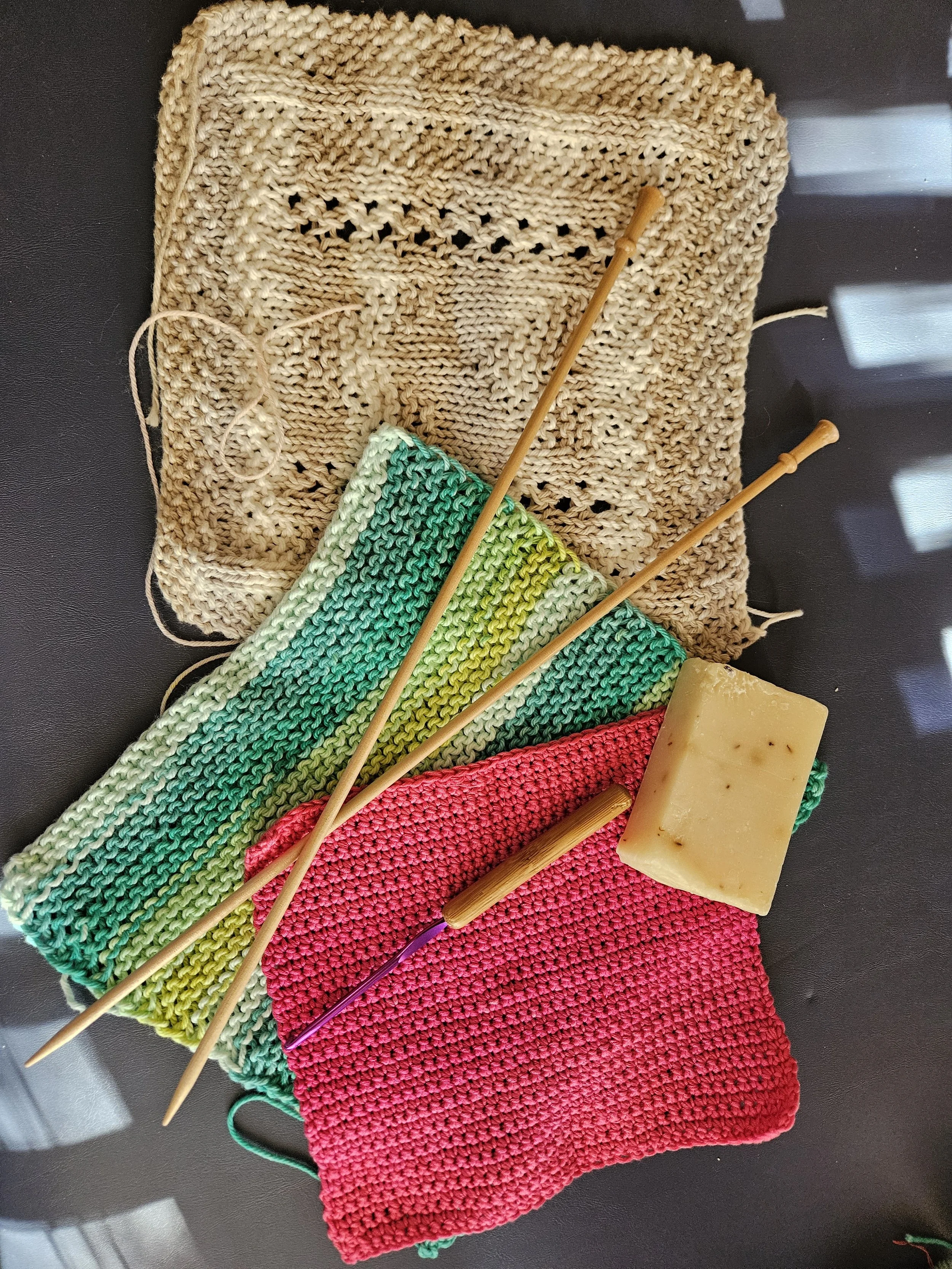 knitted cloths from introductory knitting class