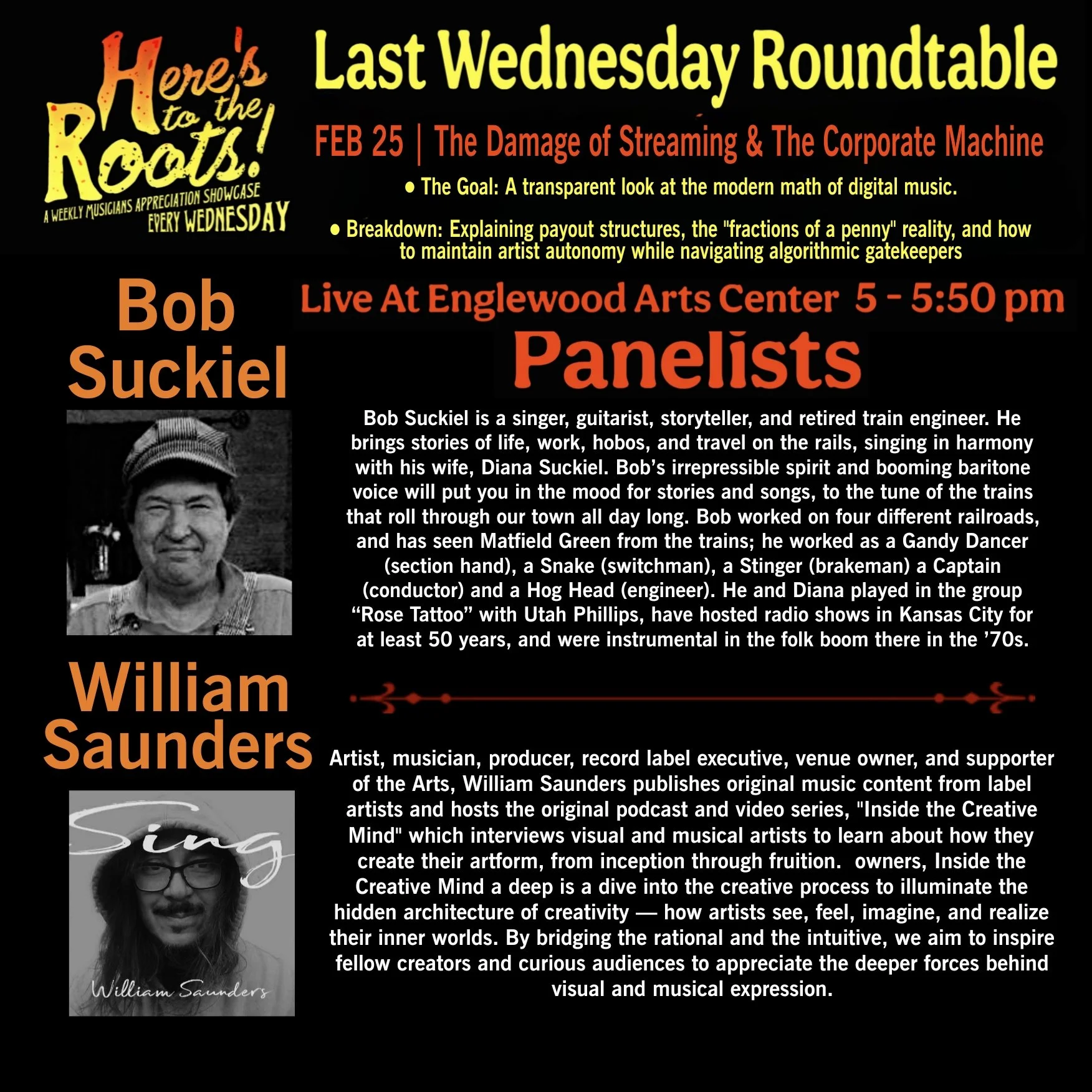 Event poster for the Last Wednesday Roundtable featuring Kristin Hamilton and Danny McGaw at Englewood Arts Center, highlighting their musical backgrounds and achievements, with event details including date, time, and location.