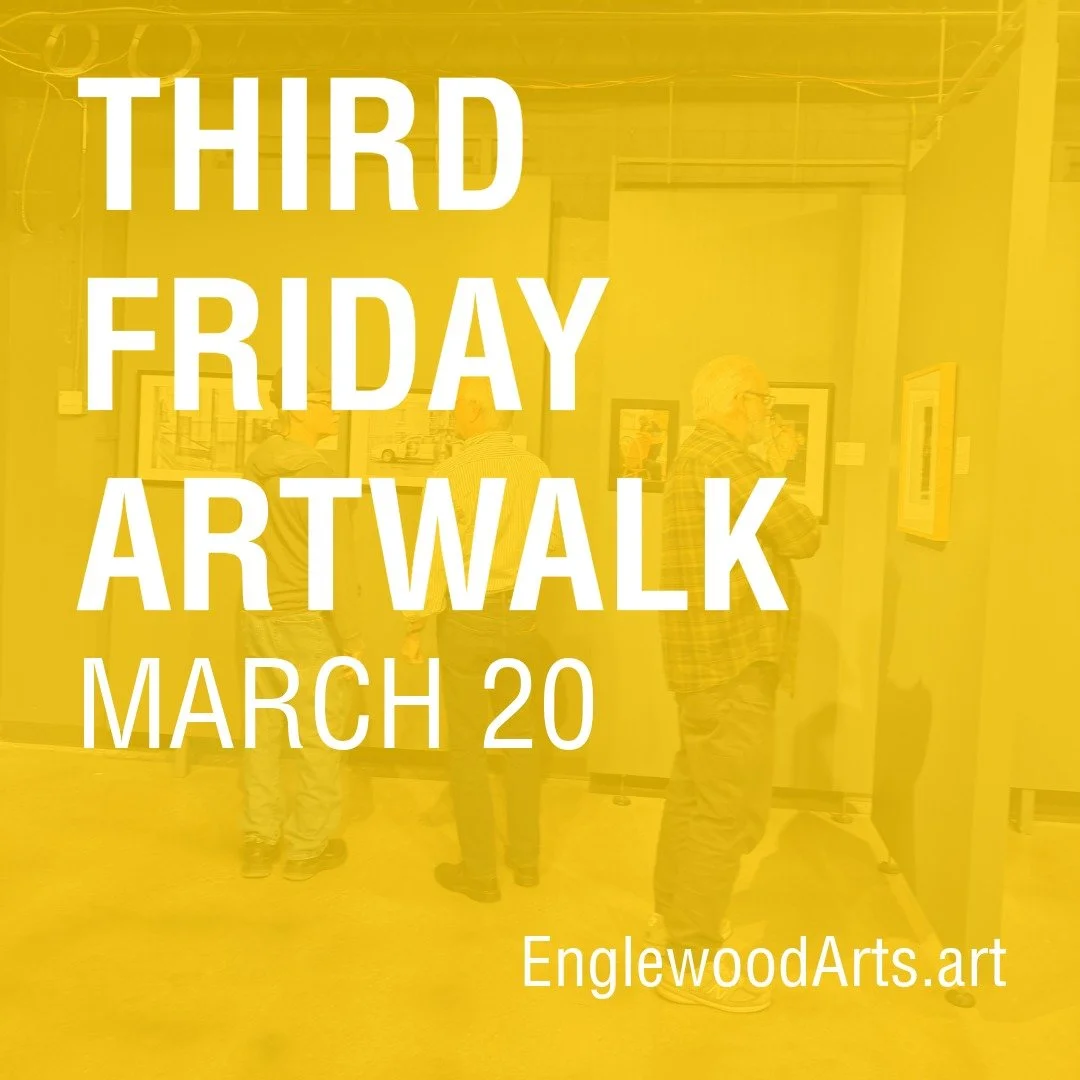 Image of art gallery during art exhibit opening with a yellow overlay 