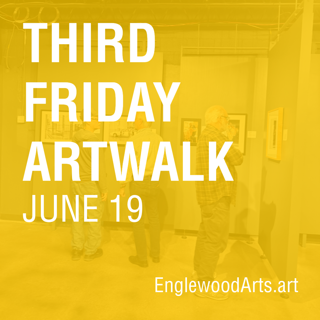 Image of art gallery during art exhibit opening with a yellow overlay 