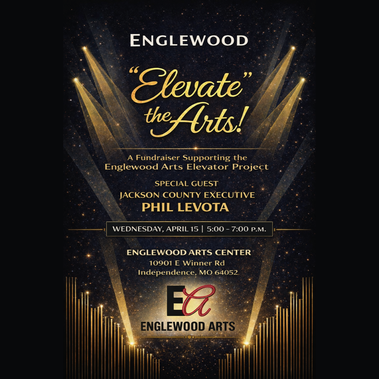 Gold Text on dark background advertising for the fundraising event