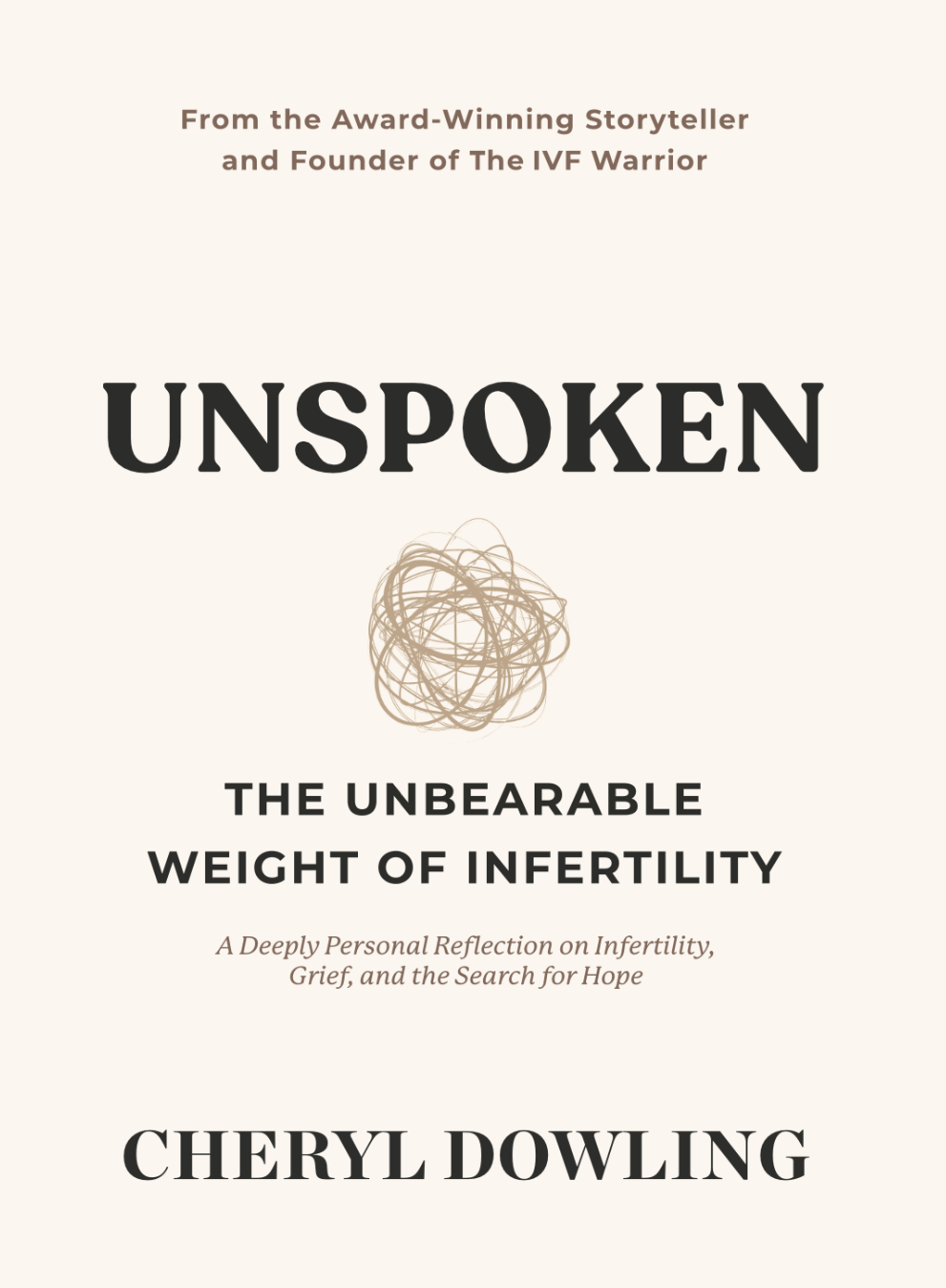 Book cover titled "Unspoken: The Unbearable Weight of Infertility" by Cheryl Dowling, with a beige background and a scribbled line drawing in the center.